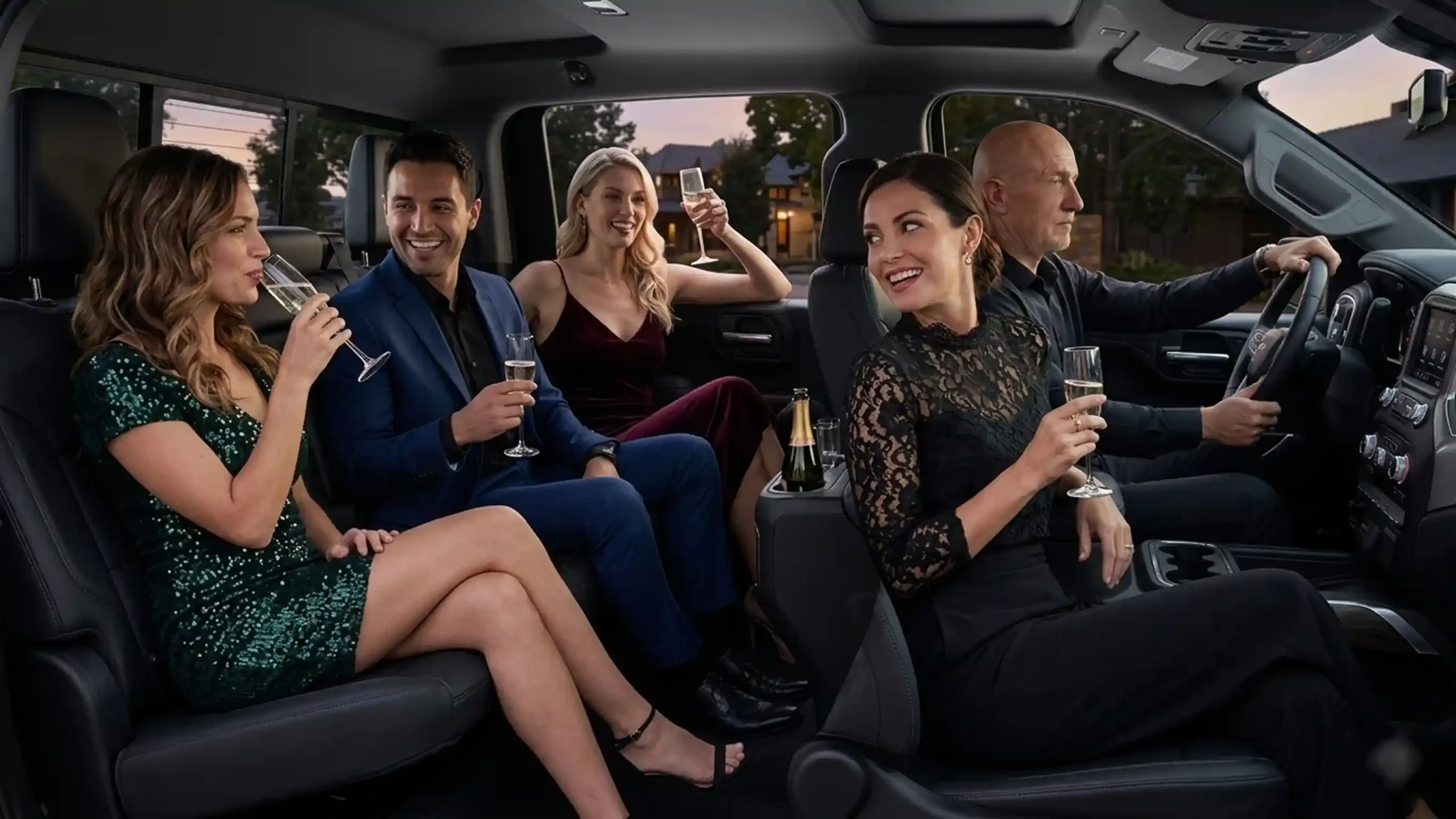 passengers in black SUV having fun and drinking champagne